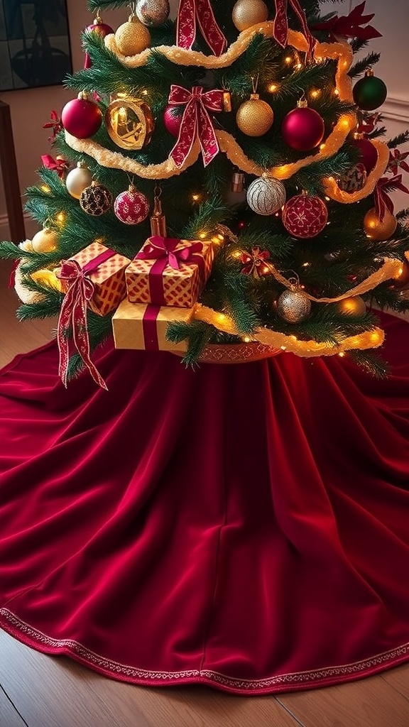 Velvet Christmas Tree Skirt A red velvet Christmas tree skirt with gold trim under a decorated Christmas tree, surrounded by presents.
